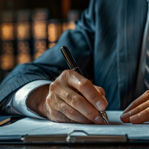 Close-up of a suited person signing a document.